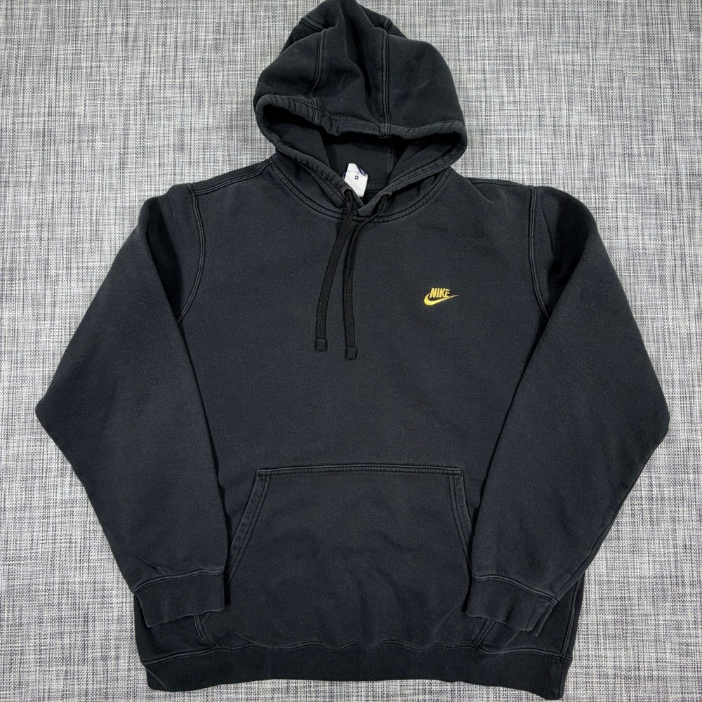 Nike Mens XL Black Cotton Blend Fleece Hoodie Yellow Embroidered Swoosh Pullover